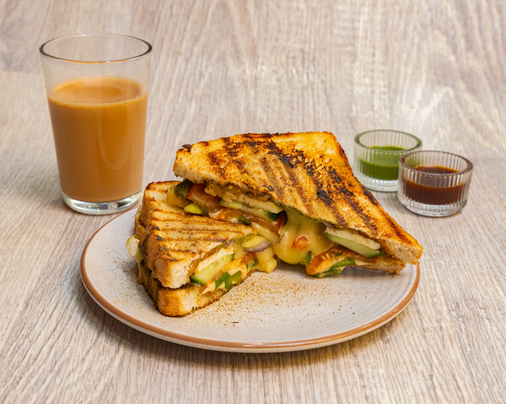 Grilled paneer sandwich with chai